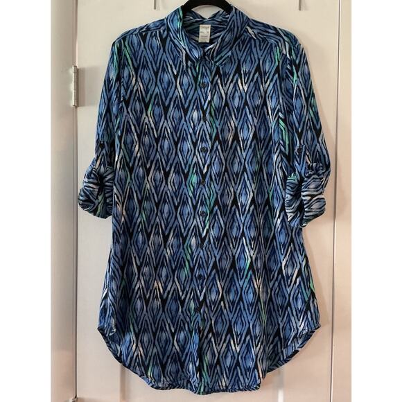 SKYE Swim Cover Up Size PS blue Sipura Print Roll Tab Button Resort Wear Beach - Picture 1 of 9